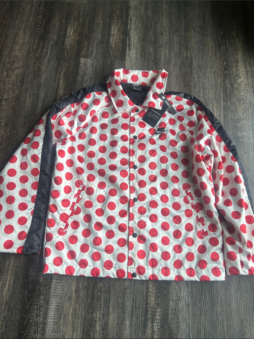 Nike White Jacket with Red Polka Dots and Black Swoosh